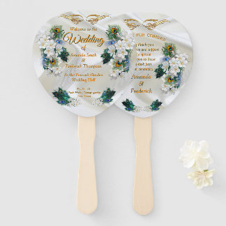 Éventail Metallic Blue-green Peacocks on white Silk