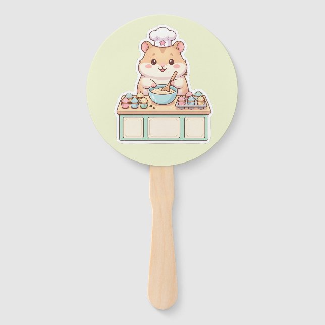 Éventail Mignon Kawaii Hamster Chef Cuisinant des Cupcakes  (Devant)
