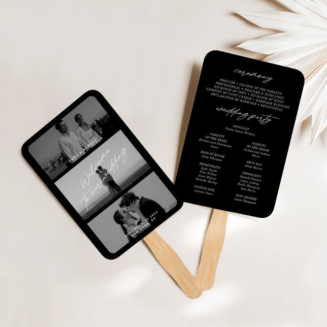 Éventail Miniature moderne Noir 3 Photo Wedding Programme d (Minimal Modern Black 3 Photo Wedding Program Fans)