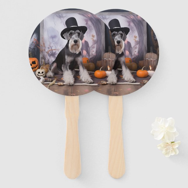 Éventail Miniature Schnauzer Citrouilles Halloween Épouvant (Devant et derrière)