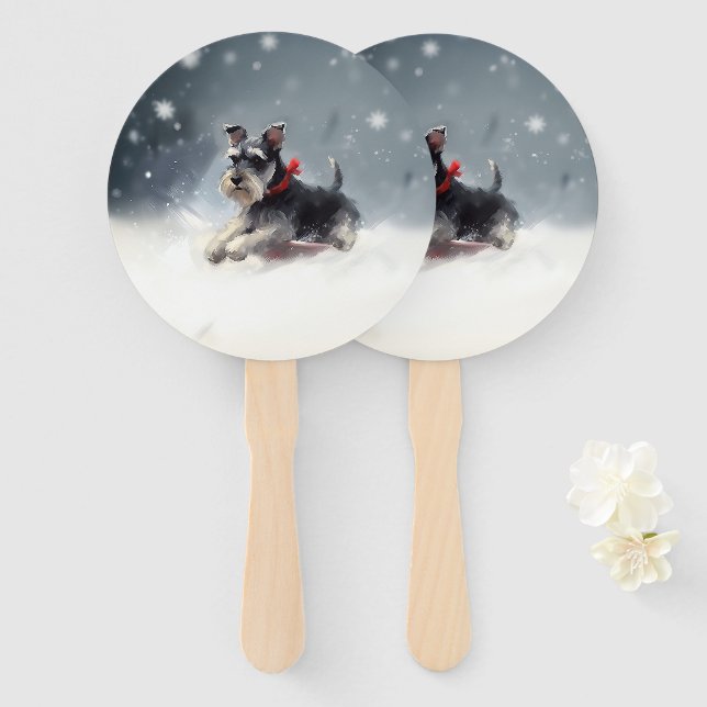 Éventail Miniature Schnauzer Noël neige hiver (Devant et derrière)