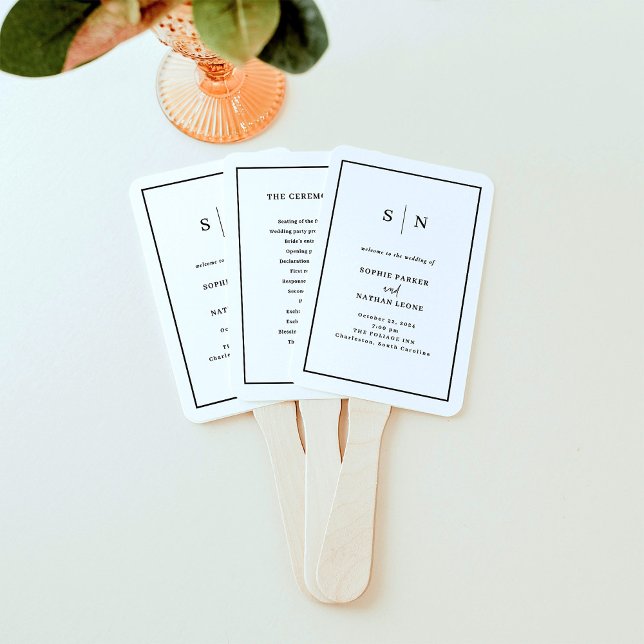 Éventail Minimal et chic | Mariage frontalier noir et blanc (Modern and minimalist wedding welcome program fans in black and white with your monogram)