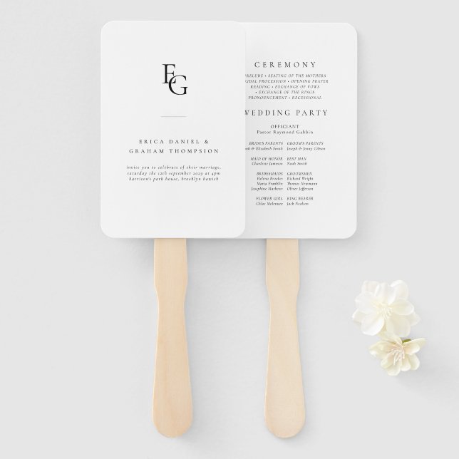 Éventail Minimalist Monogram Wedding Ceremony Fan Program (Devant et derrière)