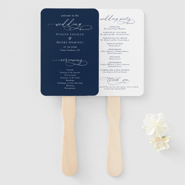 Éventail Minimalist Script Navy Blue Wedding Program (Devant et derrière)