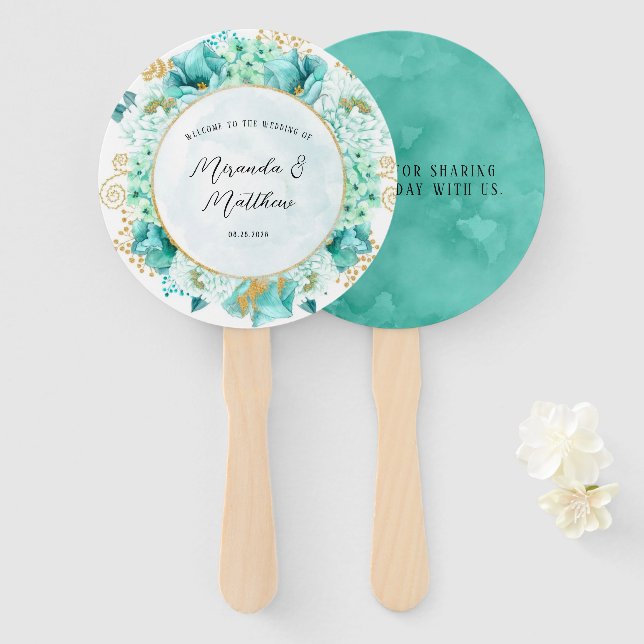 Éventail Mint Green Florals Gold Foliing Mariage Merci (Devant et derrière)