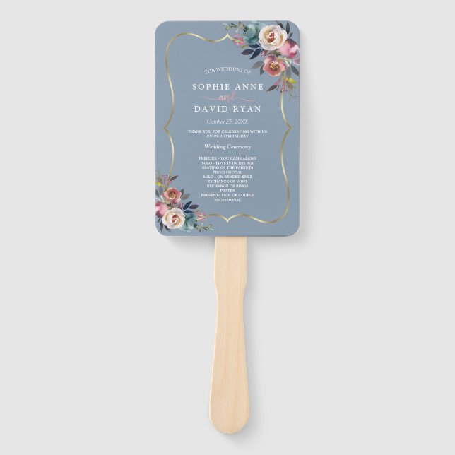 Éventail Misty Rose Dusty Blue Floral Gold Wedding Programm (Devant)