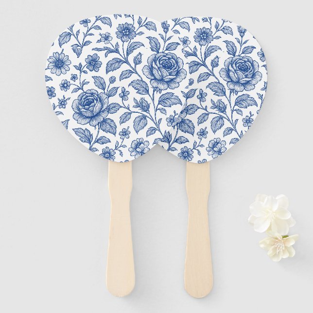 Éventail Modèle Floral Royal Bleu Rose (Devant et derrière)