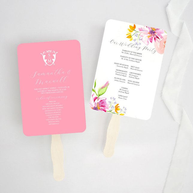 Éventail Modèles d'éventails de programme de mariage Monogr (wedding program fan templates unique watercolor florals by Victoria Grigaliunas of Do Tell A Belle)