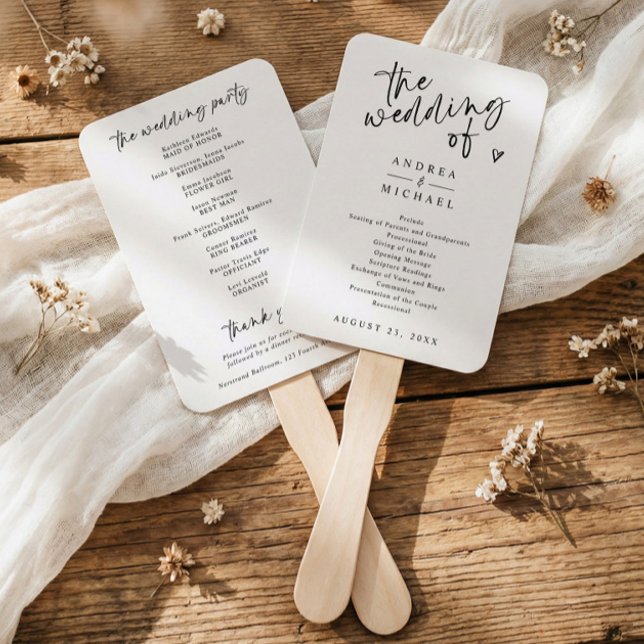 Éventail Modern Handwriting Black & White Wedding Programs (Modern black and white wedding program fan with “the wedding of” in handwritten script)