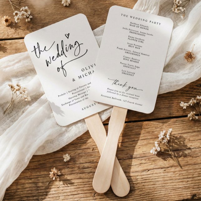 Éventail Modern Minimalist Heart Elegant Wedding Programs (Modern black and white wedding program fan with fun script, clean typography, and minimalist layout)