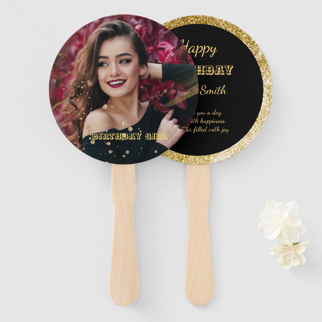 Éventail Moderne élégant chic noir et or doux 16 (Devant et derrière)