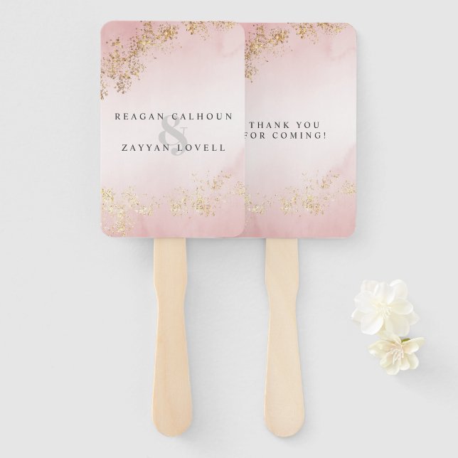 Éventail Moderne Luxe Paillettes Dorées Mariage Brume Rose  (Devant et derrière)