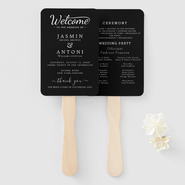 Éventail Moderne Minimaliste Script Noir | Mariage (Devant et derrière)