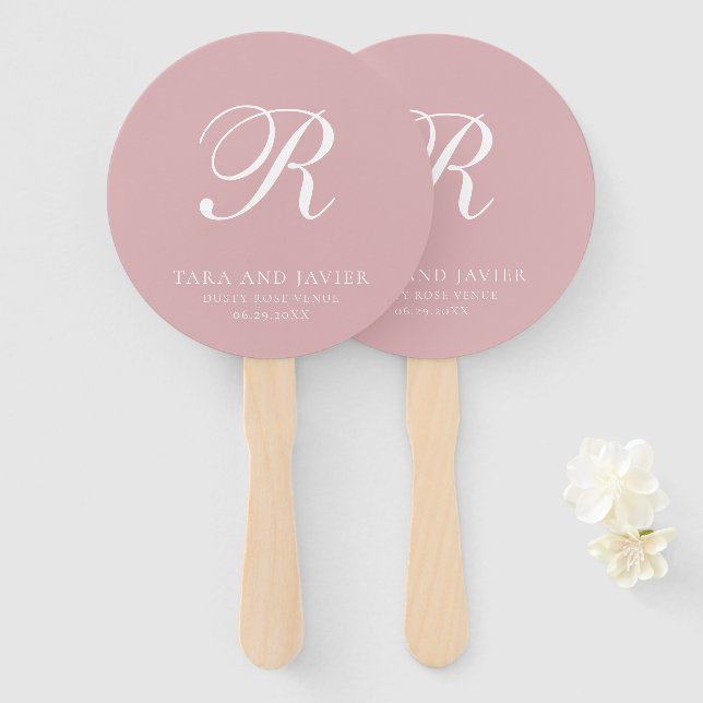 Éventail Monogram Élégant Rose Poussiéreuse Mariage Formel (Devant et derrière)