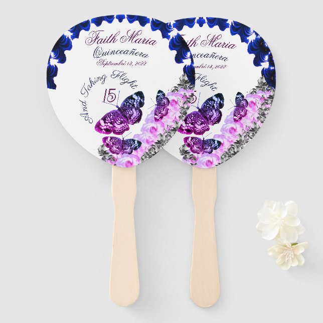 Éventail Monogram Quinceañera 15 Prise du papillon de vol (Devant et derrière)