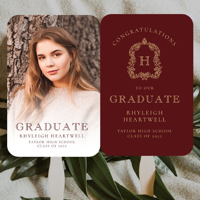 Éventail Monogramme Bourgogne Gold Photo Graduation (Créateur téléchargé)