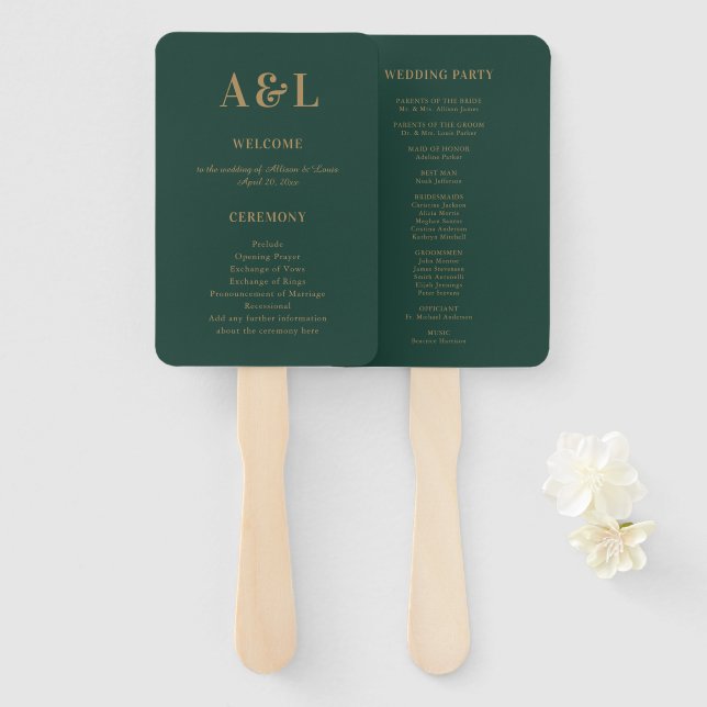 Éventail Monogramme minimaliste mariage Emerald Green Gold (Devant et derrière)