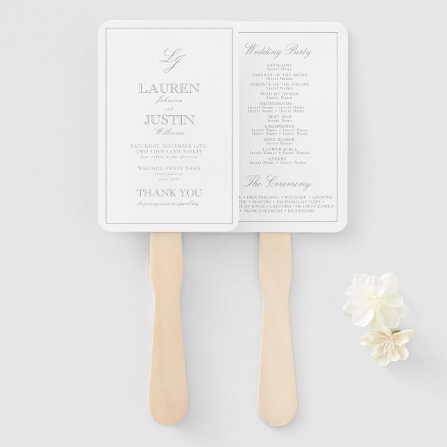 Éventail Monogramme moderne Sage Green Script Wedding Progr (Devant et derrière)