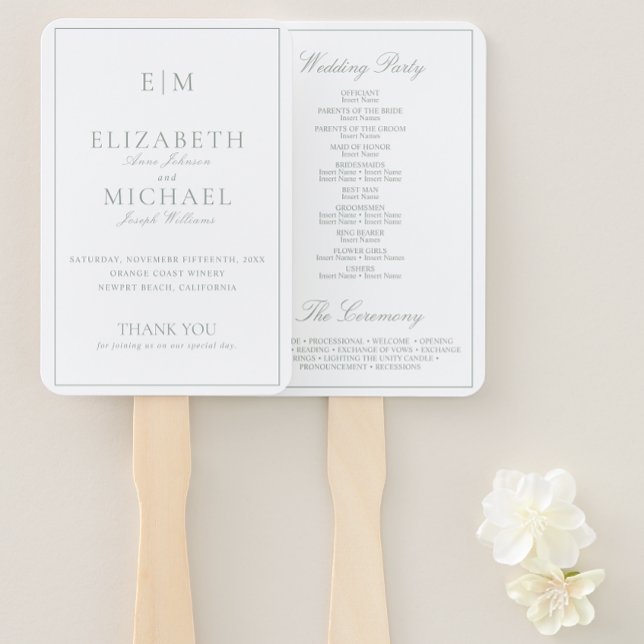 Éventail Monogramme moderne Sage Green Script Wedding Progr (Wedding Program Hand Fan)