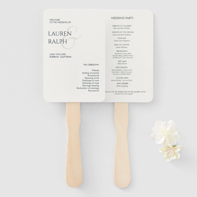 Éventail Monogramme noir et blanc Programme de mariage de b (Devant et derrière)
