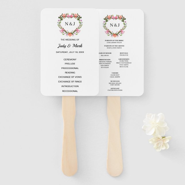 Éventail Monogramme Romantique Rose coeur floral (Devant et derrière)