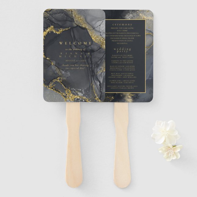 Éventail Moody Ink Charcoal Gold Abstrait Program ID988 (Devant et derrière)