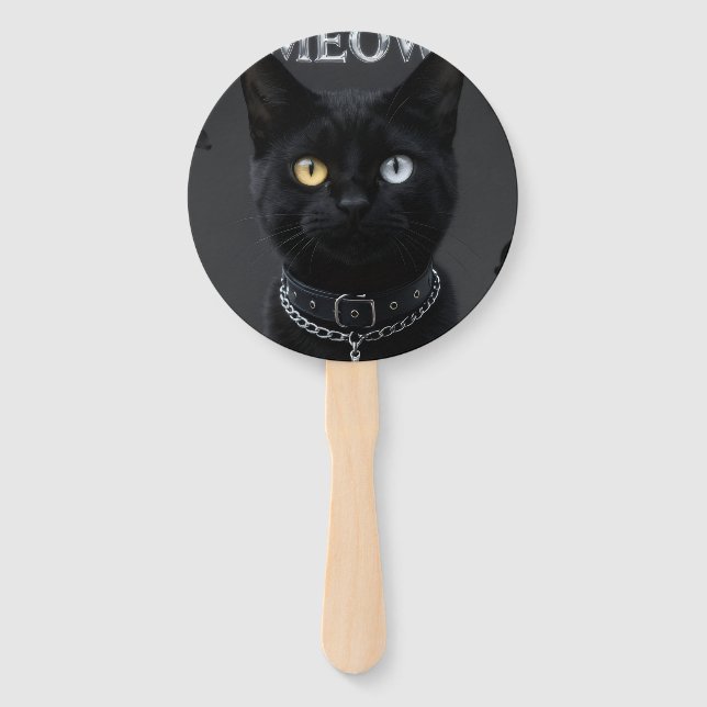 Éventail Mystique Gothique : Chat Noir & Chrome « MEOW » Es (Devant)
