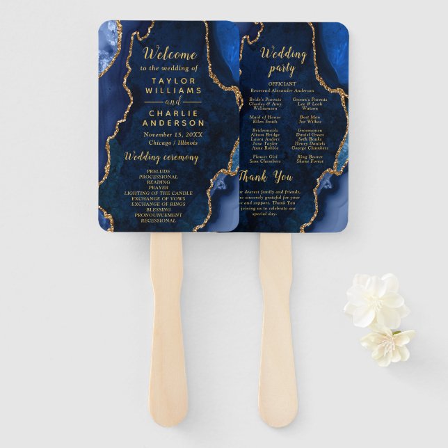 Éventail Navy Blue and Gold Agate Wedding Program (Devant et derrière)