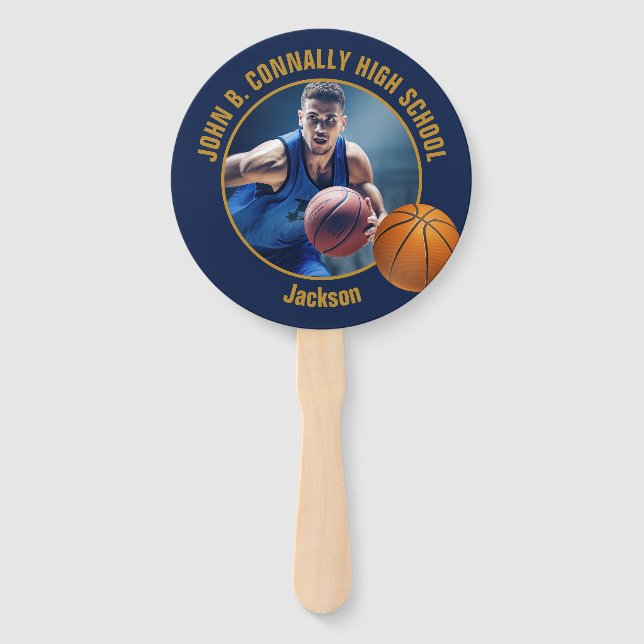 Éventail Navy Blue Gold Basketball Player Photo High School (Devant)