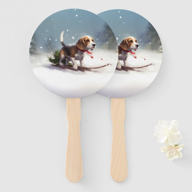 Éventail Noël Beagle neige hiver (Devant et derrière)