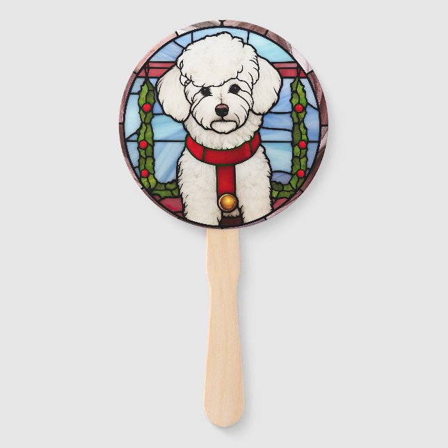 Éventail Noël Bichon Frise en verre tendu (Devant)