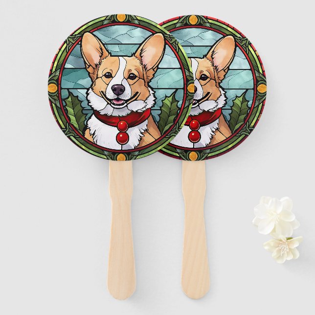 Éventail Noël Corgi en verre tendu (Devant et derrière)