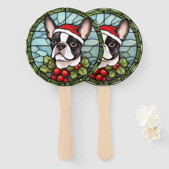 Éventail Noël de Boston Terrier en verre teint (Devant et derrière)