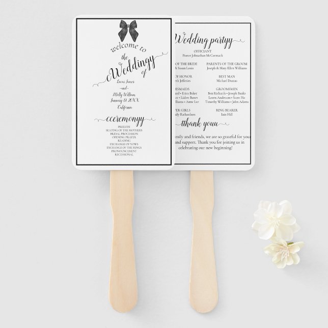 Éventail Nœud Ruban Classique Mariage Noir & Blanc (Devant et derrière)