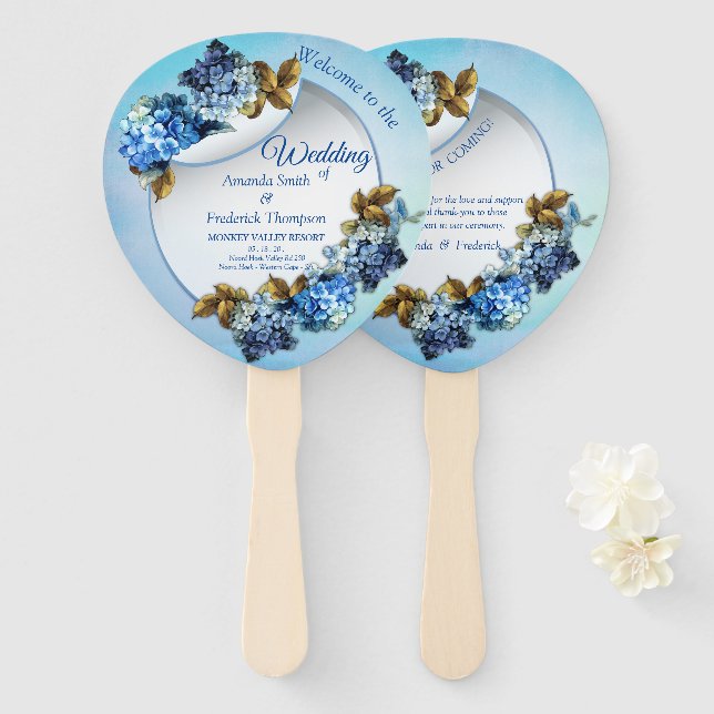 Éventail Nuances d'aquarelle bleue Hydrangeas (Devant et derrière)