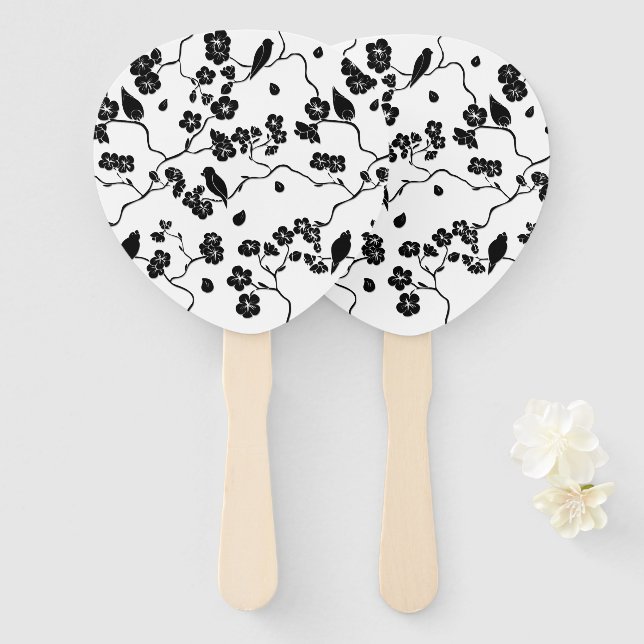 Éventail Oiseaux Motifs noirs et blancs sur les fleurs de c (Devant et derrière)