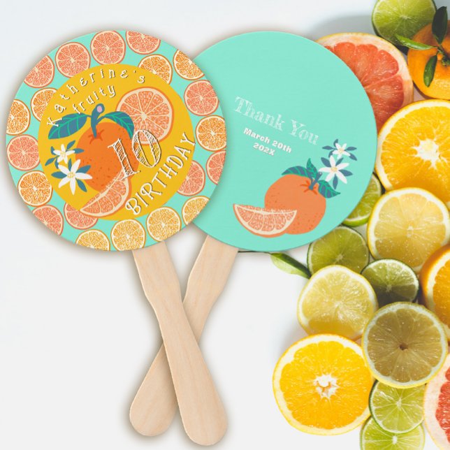 Éventail Orange Fruit Anniversaire Turquoise (Orange Fruity Birthday Hand Fan.)