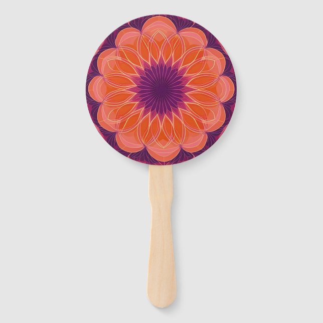 Éventail Orange vibre avec kaléidoscope à fleurs violettes (Devant)