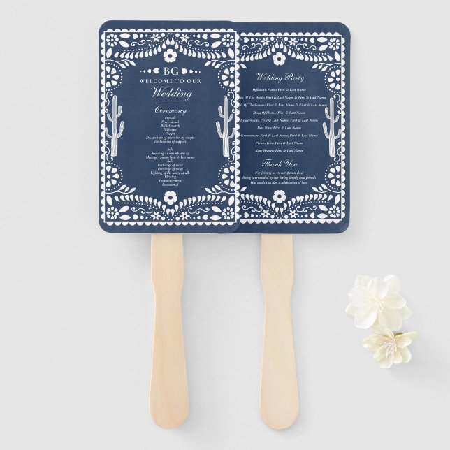 Éventail Papel Picado Mariage Mexicain Rustique Bleu  (Devant et derrière)