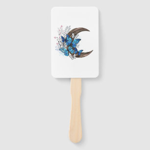 Éventail Papillons bleus sur croissant en bois
