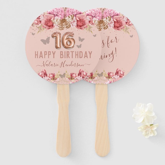 Éventail Papillons floraux rose joyeux 16e anniversaire (Devant et derrière)