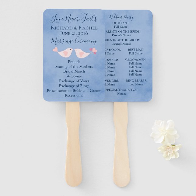 Éventail Parchemin bleu Inséparables roses (Devant et derrière)