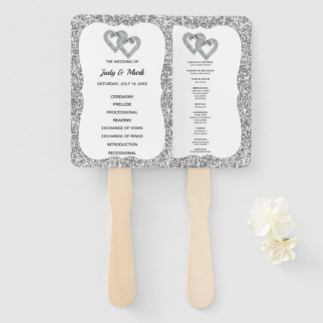 Éventail Parties scintillant d'argent Coeurs de Diamant Pro (Devant et derrière)