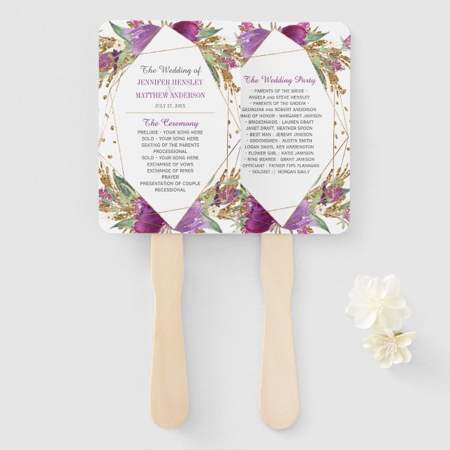 Éventail Parties scintillant or Améthyste violet cadre géom (Devant et derrière)