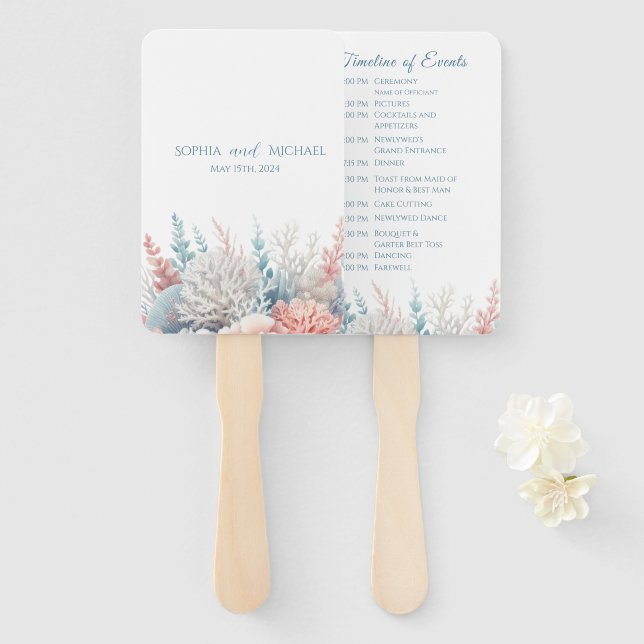 Éventail Pastel Coral Reef-Beach Programme de mariage (Devant et derrière)