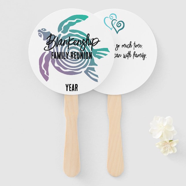 Éventail Pastel Green Purple Tribal Tortue Famille Réunion (Devant et derrière)