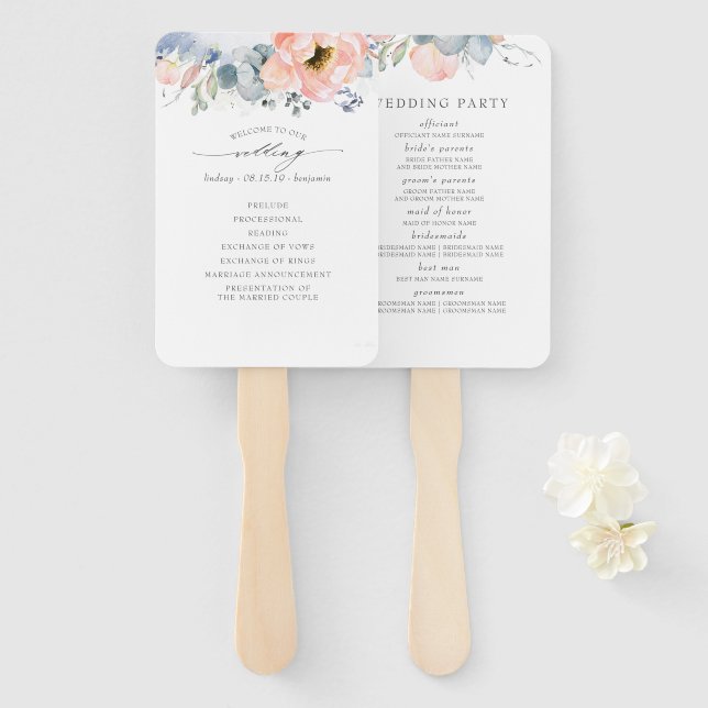 Éventail Peach Floral Dusty Blue Wedding Program (Devant et derrière)