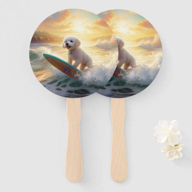 Éventail Peinture de surf de plage de Bichon Frise (Devant et derrière)