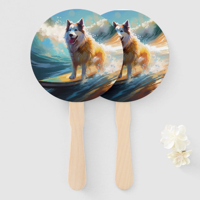 Éventail Peinture de surf de plage de Malamute d'Alaska (Devant et derrière)