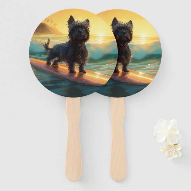 Éventail Peinture de surf sur la plage de l'Affenpinscher (Devant et derrière)